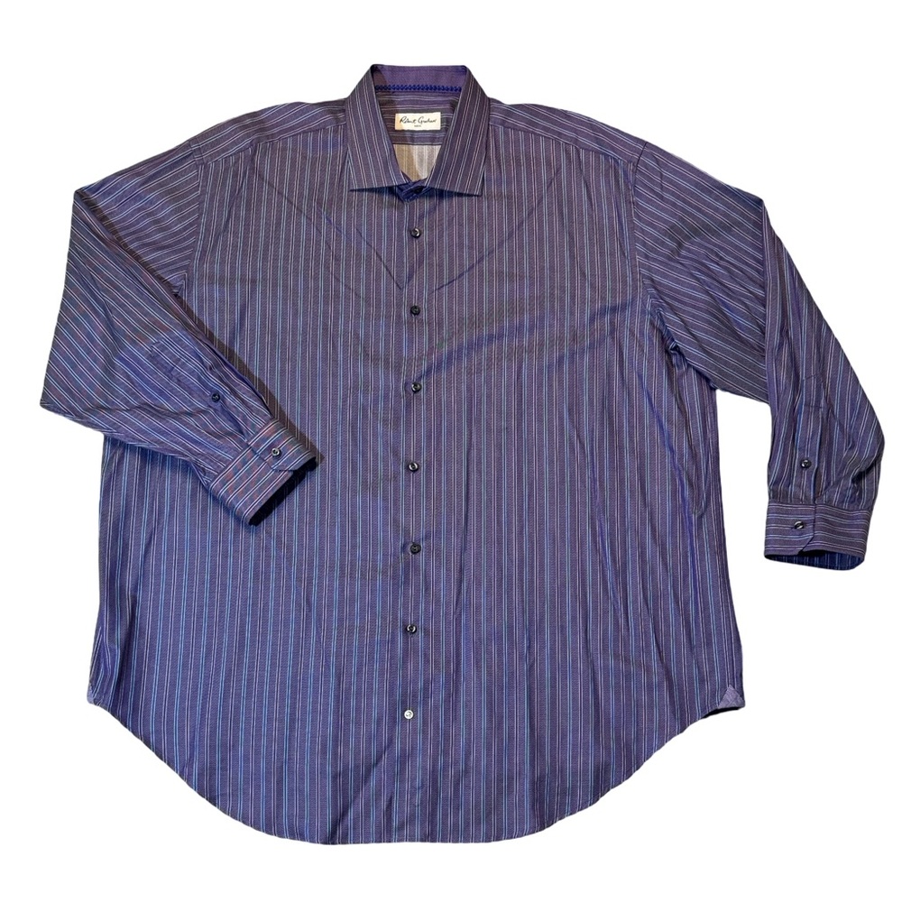 Robert Graham mens 19 48 34/35 big purple blue stripe cotton dress shirt EUC